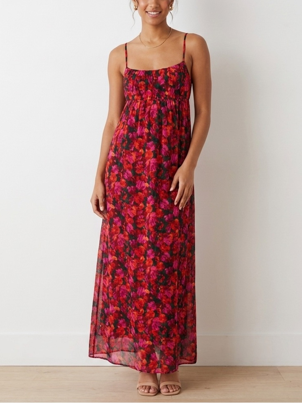 J.Crew Red Pink Floral Silk Chiffon Cami Maxi Dress Tie Back NWT❤️ - Picture 1 of 12